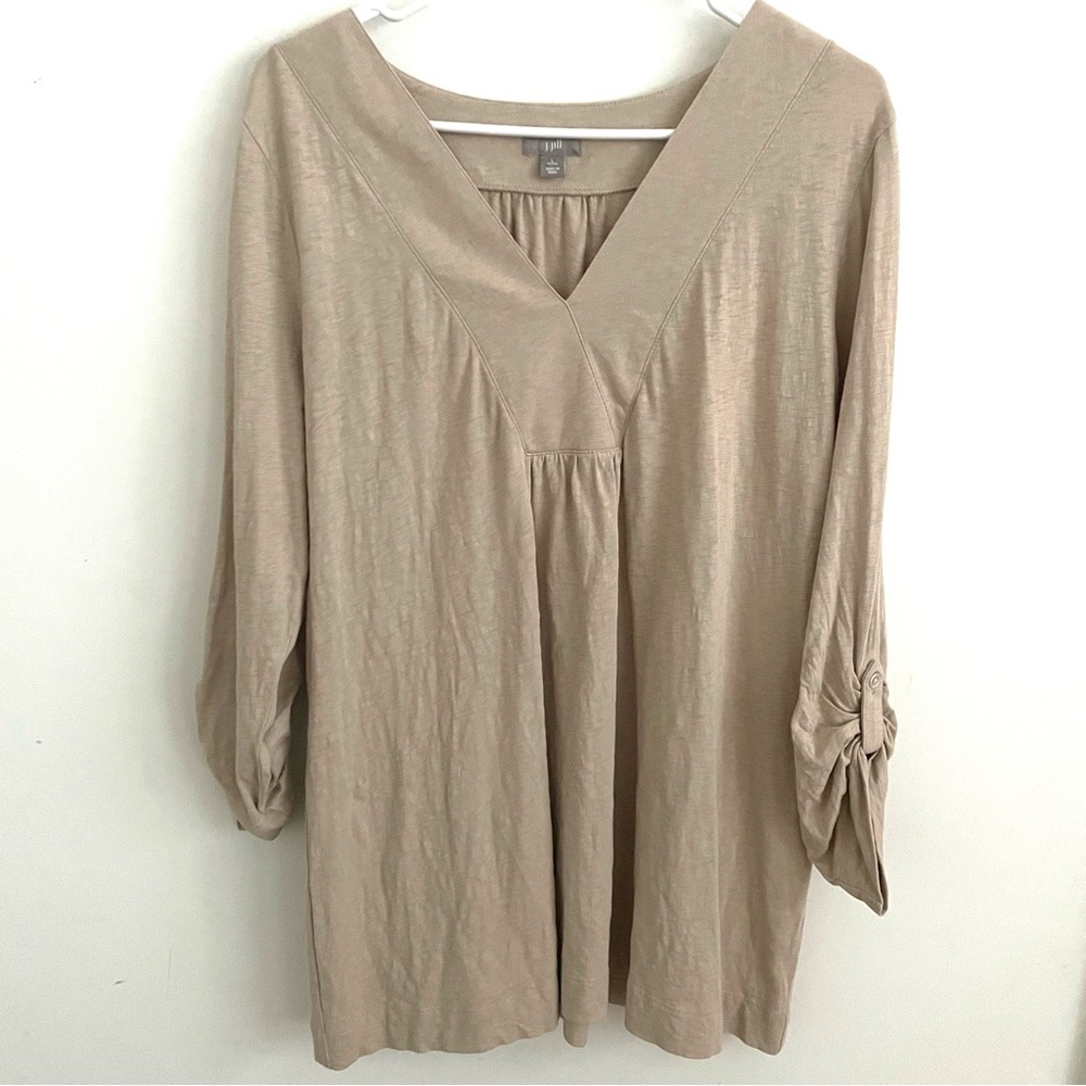 J jill petite cotton roll tabe sleeve V-neck tan Top L
